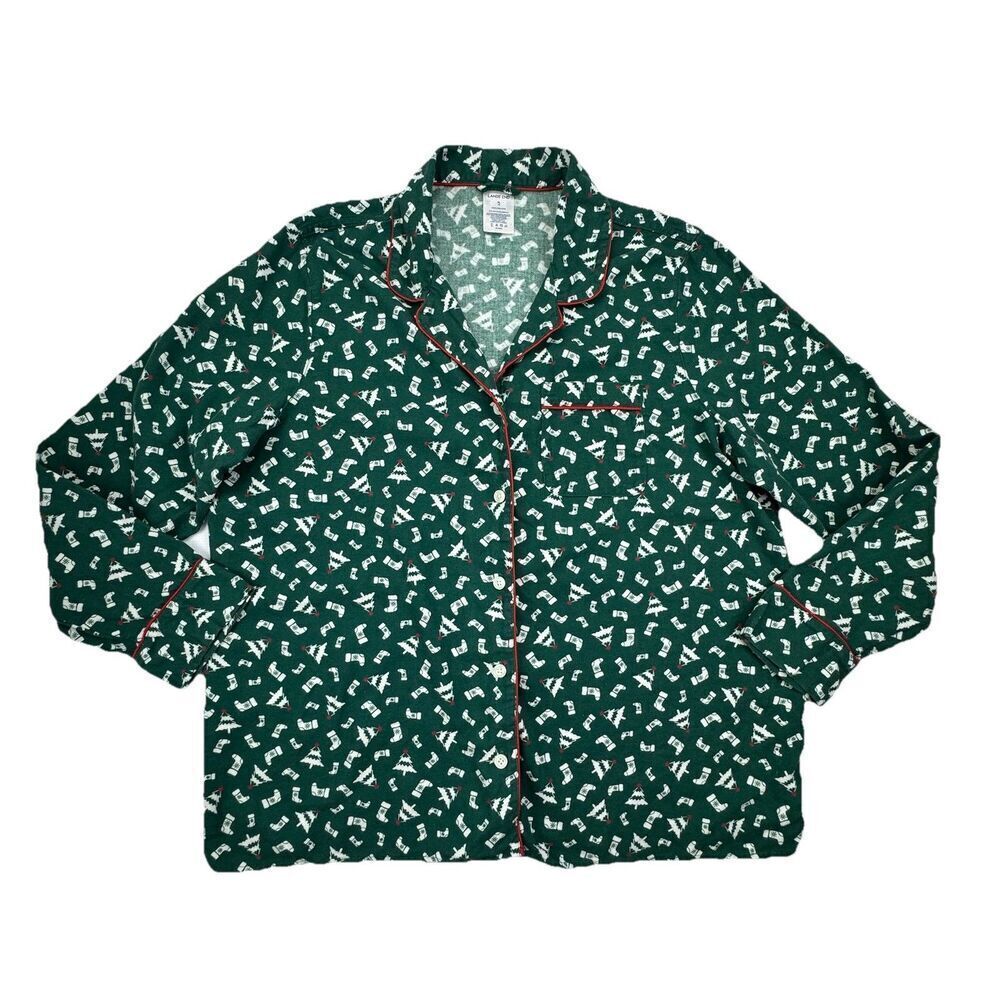 Lands' End Women's Pajama Top Green White Holiday Christmas Size XL 18 Trees